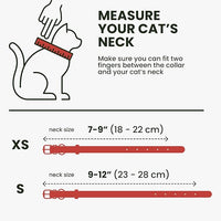 BRONZEDOG Leather Cat Collar with Removable Bells Non Breakaway Kitten QR Tag for Girl Boy (7" - 9" for Cats, Red & Gold)