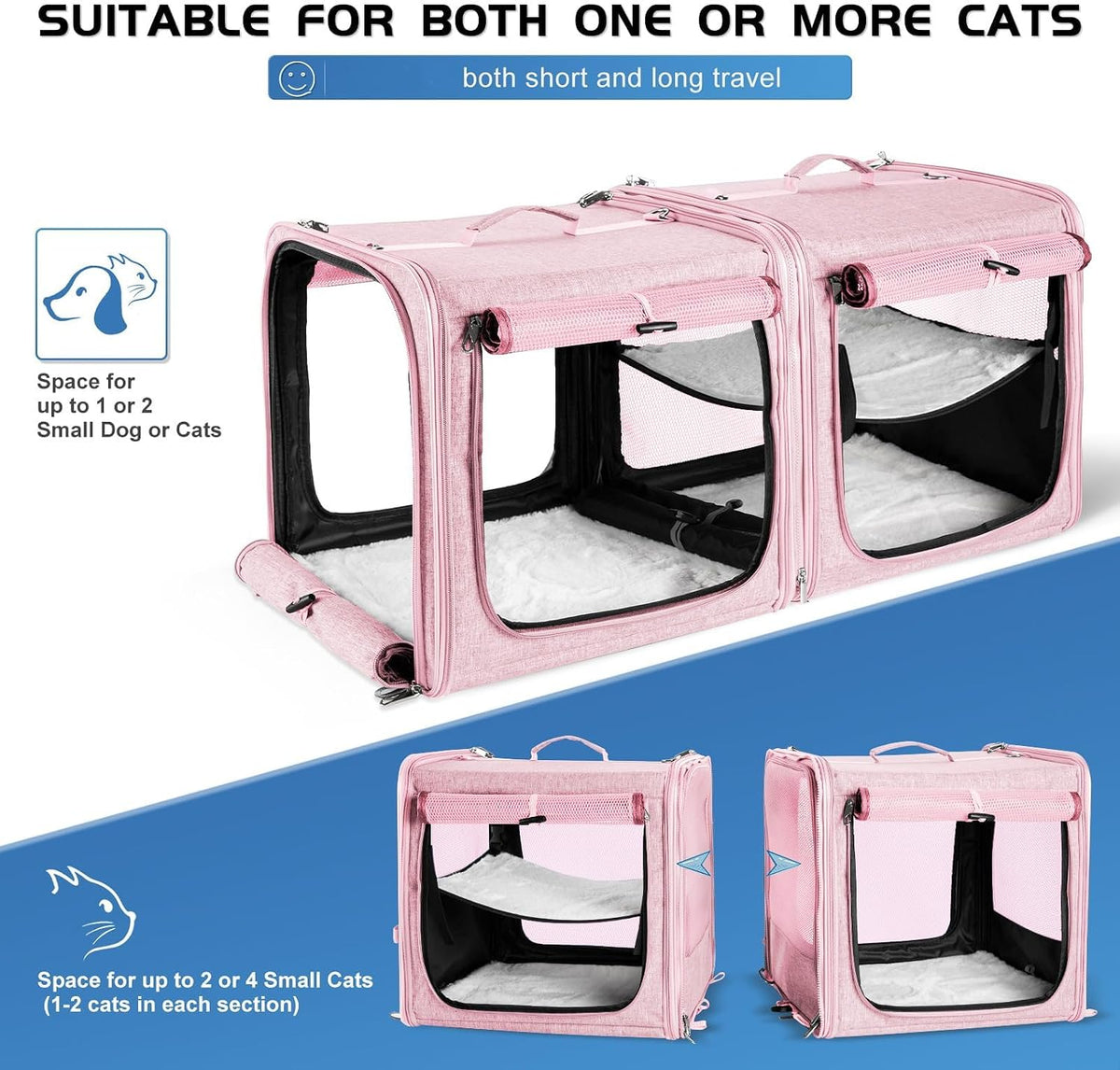 Extra Large Cat Carrier for 2 Cats with Travel Litter Box - Pink / Dual Carriers - image 3