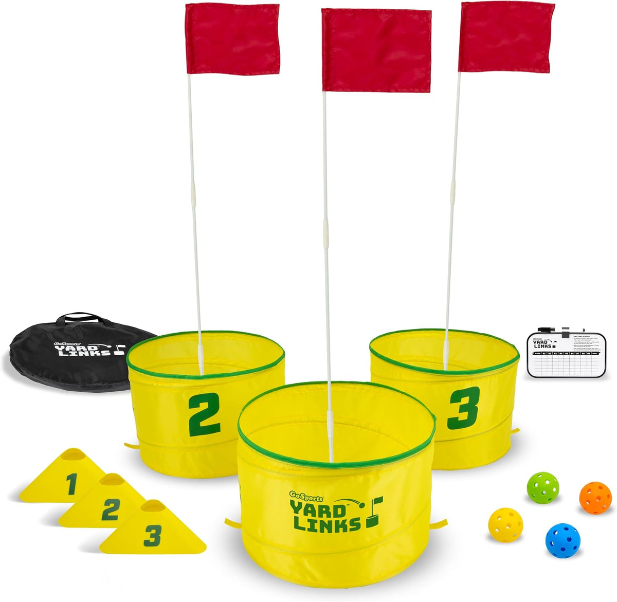 GoSports Yard Links backyard golf game with buckets, flags and oversized balls
