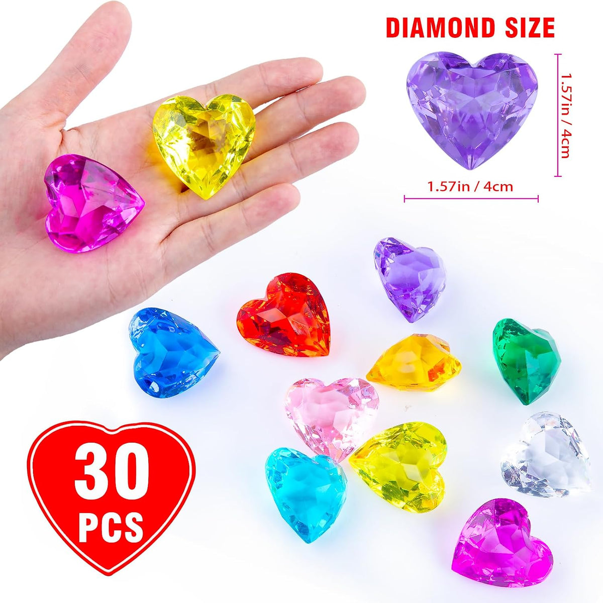 Niceup acrylic heart gems, 30 chunky 3D heart-shaped diamond gemstones for kids - view 15