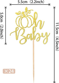 24 PCS Pumpkin Oh Baby Cupcake Toppers Glitter Fall Theme pumpkin - Design 7-gold - image 2
