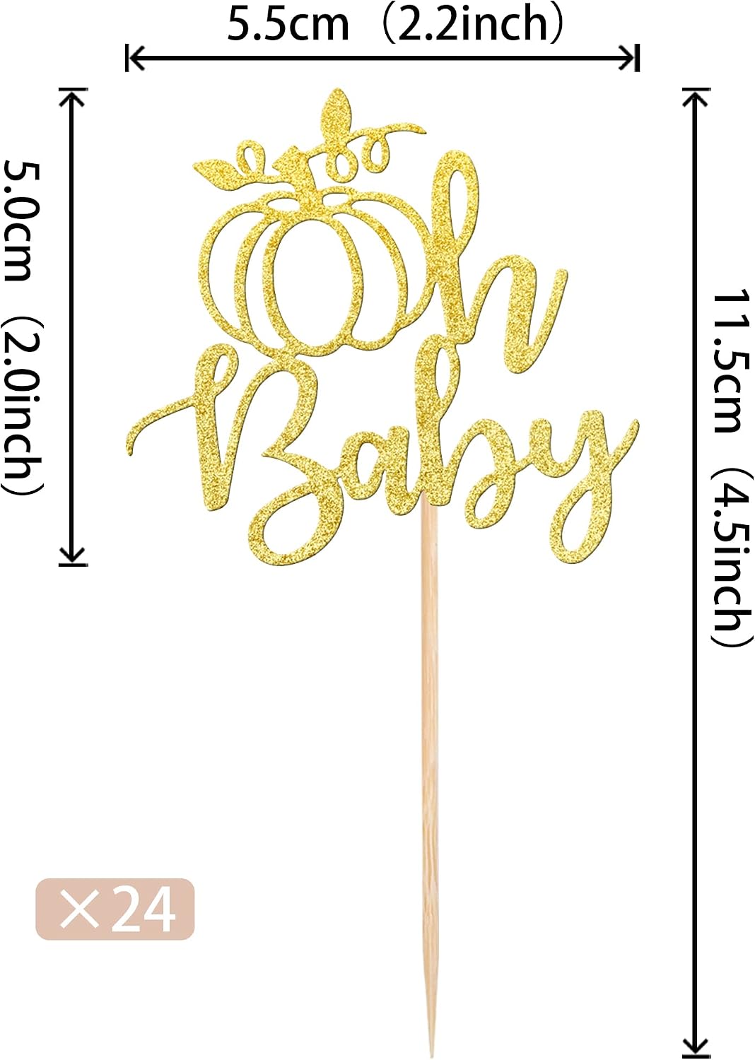 24 PCS Pumpkin Oh Baby Cupcake Toppers Glitter Fall Theme pumpkin - Design 7-gold - image 2