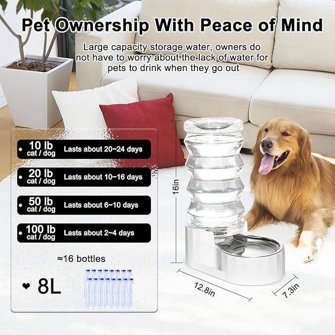 RIZZARI Large Gravity Water Dispenser: 8L Automatic Dog Water Feeder with Stainless Steel Bowl for Multiple Pets