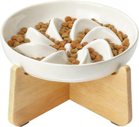 PETTOM Slow Feeder Cat Bowl Elevated Ceramic with Bamboo Stand - Lotus
