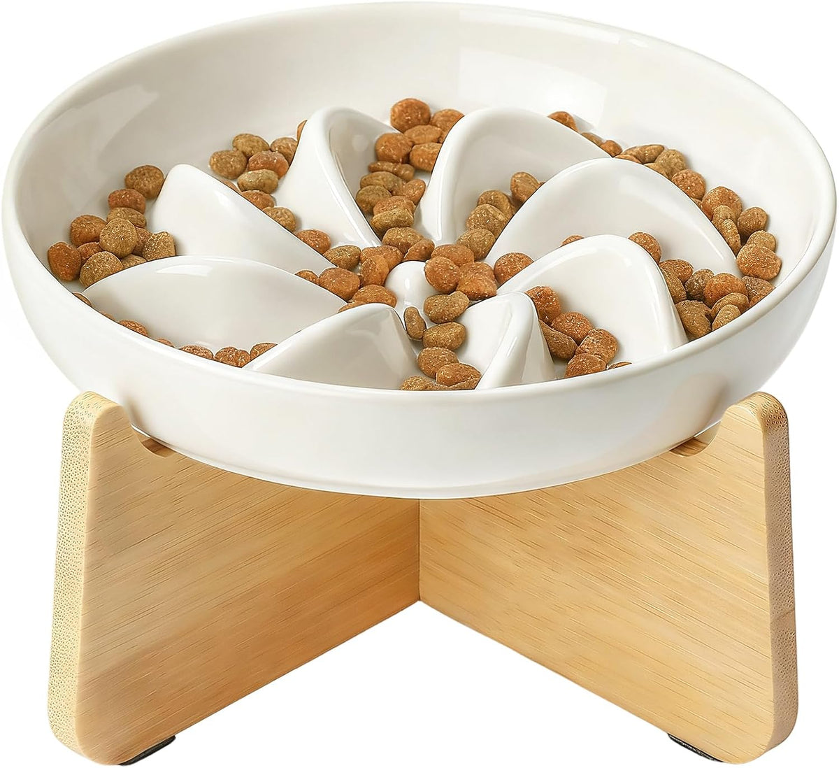 PETTOM Slow Feeder Cat Bowl Elevated Ceramic with Bamboo Stand - Lotus