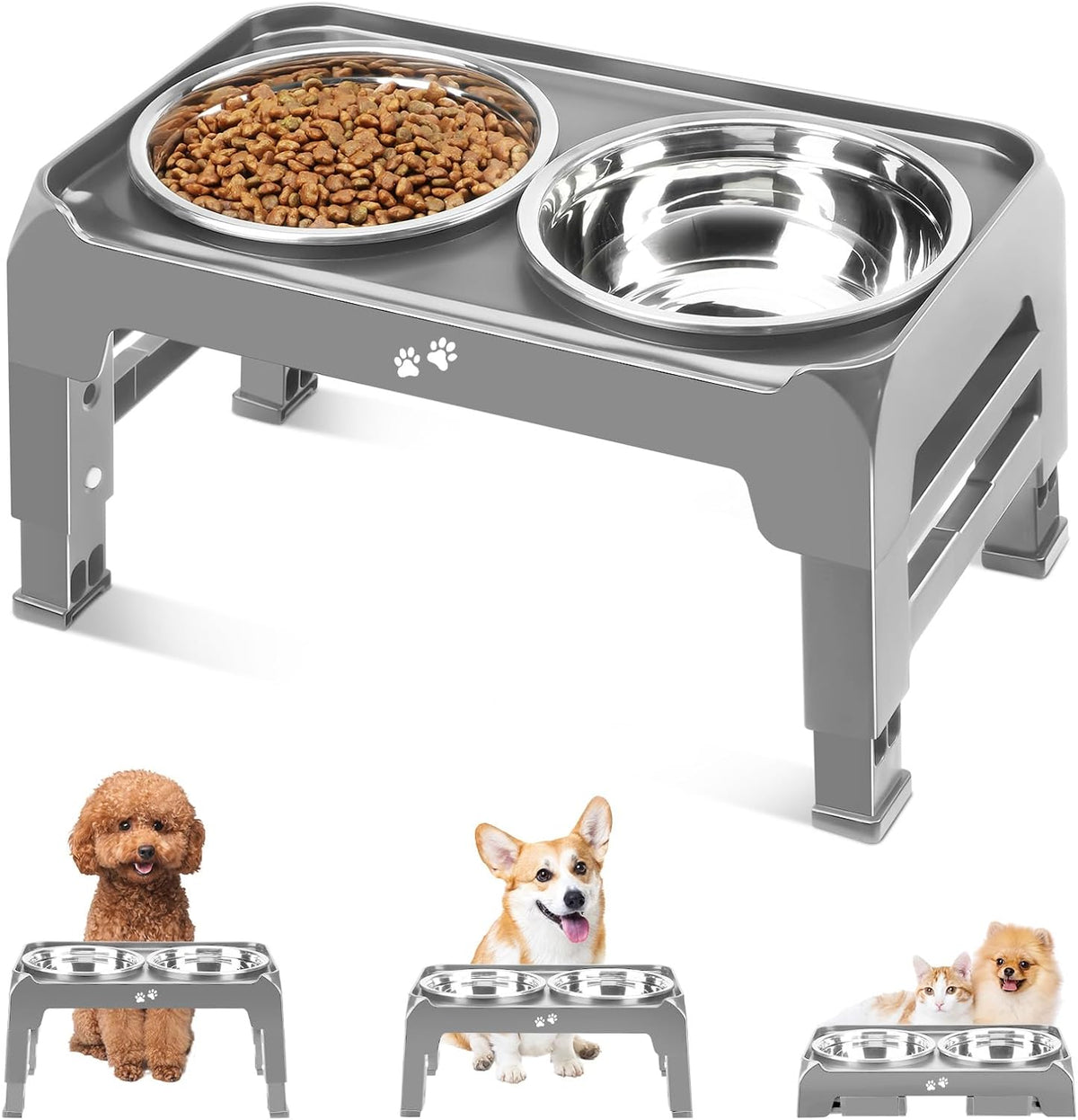 Elevated Bowls, 4 Height Adjustable Raised Stand With 2 Thick 50oz Stainless Steel Food Bowls - Grey / 6" for Small Dogs