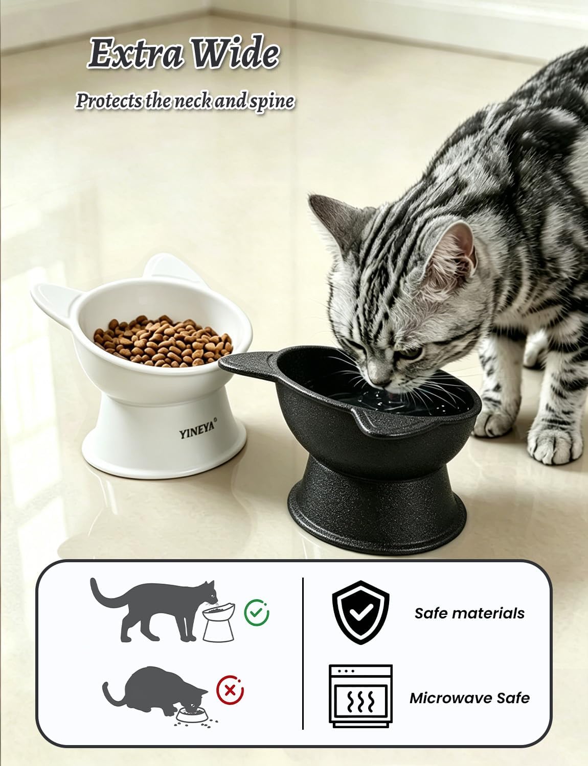 YINEYA 2 Pack Cat Food Bowls Elevated Design for Neck Comfort - Black&White - image 3