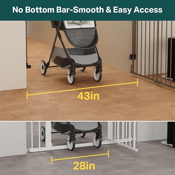 Cumbor 29.2-43" No Bottom Bar Baby Gate for Stairs, 2-in-1 Hardware Mounted Dog Gate Indoor, Pet Gate for Doorways with Large Walk Thru Door, Child-Proof Safety Gate for Top & Bottom of Stairs (Brown)