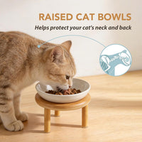 Elevated Cat Bowls, Ceramic Cat Bowl with Bamboo Stand Wide Opening – Essentials for Cats - White / Stripe x2 + Bamboo - image 3