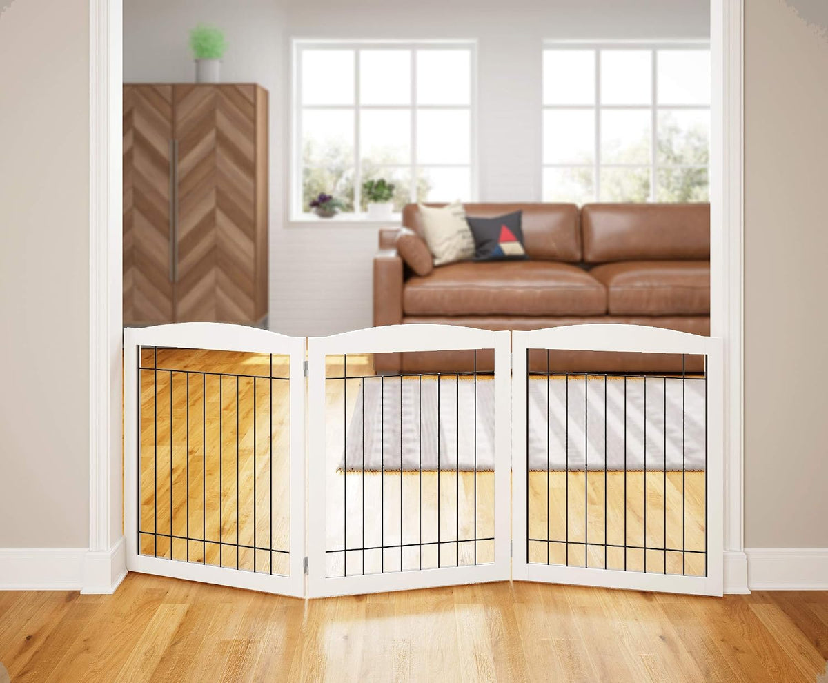 PAWLAND Dog Gate Indoor with Door, Freestanding, Foldable - White / 【3 Panels】72"W x 32"H