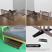 ZJSF Foldable Freestanding Indoor Dog Gate for House Wood Long Pet Gates Dog Fence for Stairs Puppy Gates for Hallways, Puppy Gate,Support Feet Included, Brown, 32 "Height-6 Panels