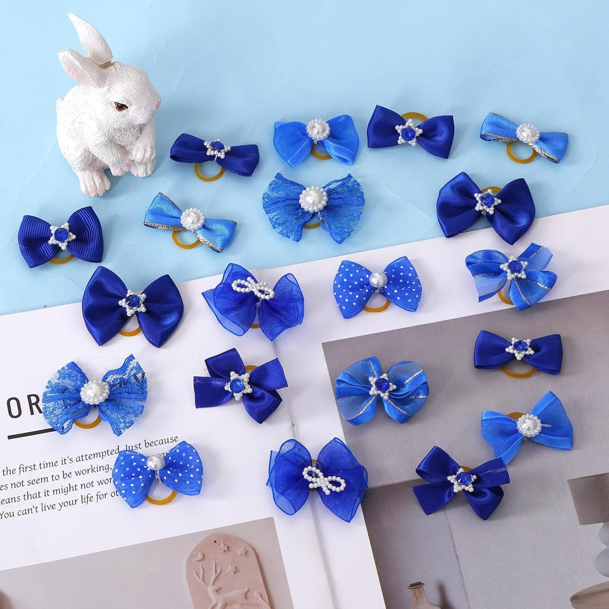 20PCS Cute Dog Hair Bows with Rubber Bands Handmade Mix Style - Dark Blue / Lovely Pattern - image 3