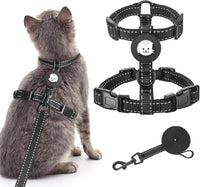 BINGPET Cat Harness with Airtag Holder - Black Reflective (Both Buckles on Chest)