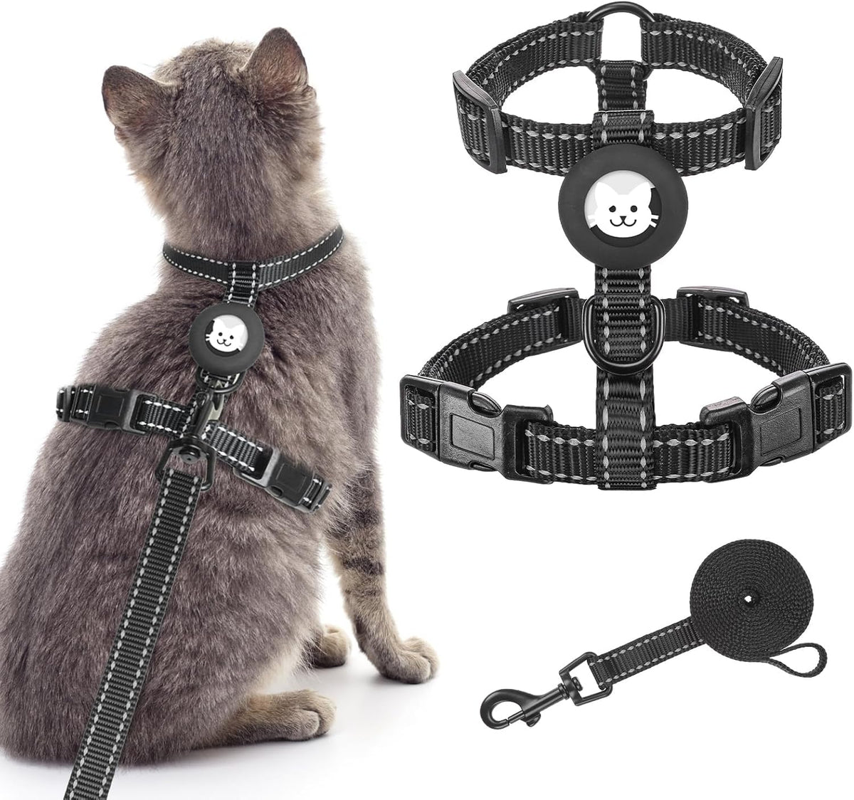 BINGPET Cat Harness with Airtag Holder - Black Reflective (Both Buckles on Chest)