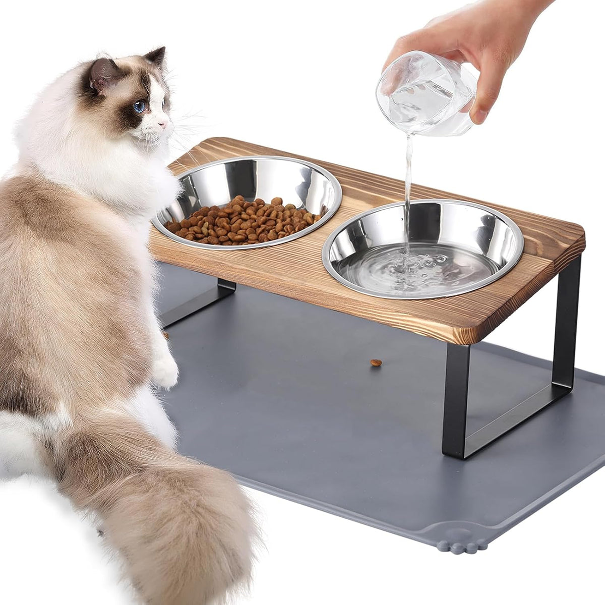 Upgraded Elevated Cat Bowls with Food Mat - Brown-2Bowls