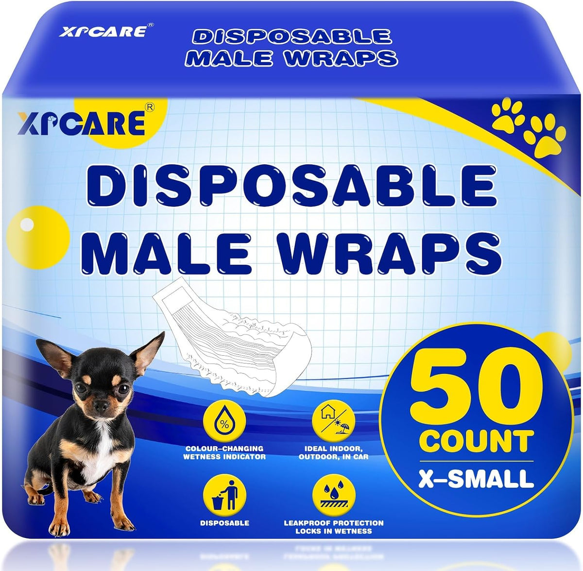 50 Count Disposable Dog Diapers Male with Wetness Indicator – Essentials for Dogs - X-Small