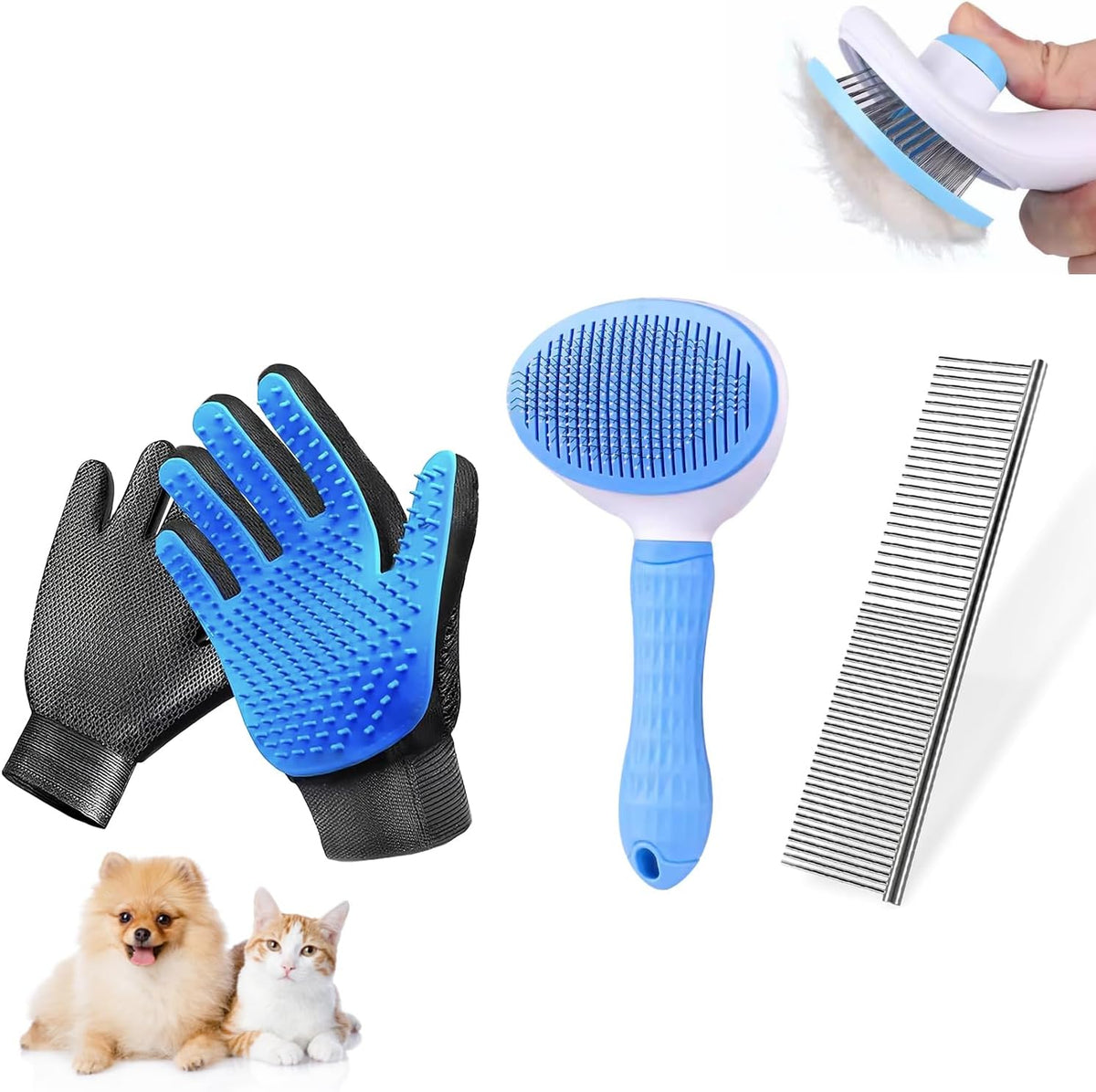 Dog & Cat Brush, Pet Grooming Kit 4PCS, Dog Brush for Shedding - 4PCS-Blue