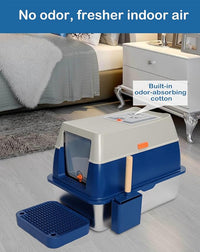 XL Stainless Steel Enclosed Litter Box with Covered for Indoor Cats, High Sides, Eliminates Odors, Easy Clean, Blue, FOXORU
