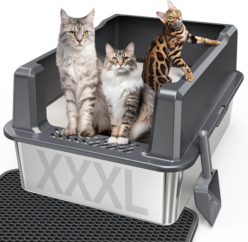 XXL Stainless Steel Litter Box with Lid for Multiple & Big Cats – Daily Care for Cats - Dark Gray / XXX-Large