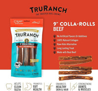 Collagen Rolls - 9" Collagen Rolls for Dogs - Long Lasting Healthy Joint Support Dog Treat - Rawhide Alternative - Skin & Coat Health - Made with Real Beef, 1 Bag, 3 Count