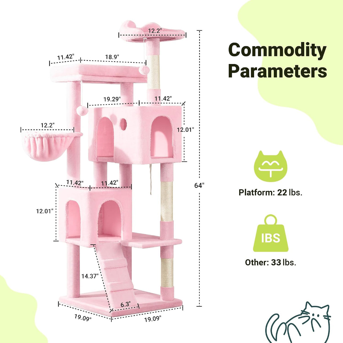 Allewie 64 Inches Cat Tree Tower/Multi-Level Activity Center - Pink - image 3