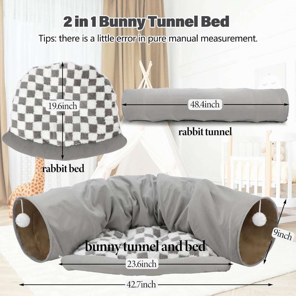 Bunny Tunnel Bed, 2-in-1 Collapsible Rabbit Tunnel Hideout with Mat – Essentials for Small Pets - Gray - image 2