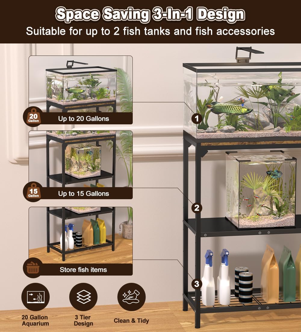 20-30 Gallon Aquarium Stand with 3-Tier Adjustable Storage Shelf – Essentials for Fish - 20 Gal Black - image 3