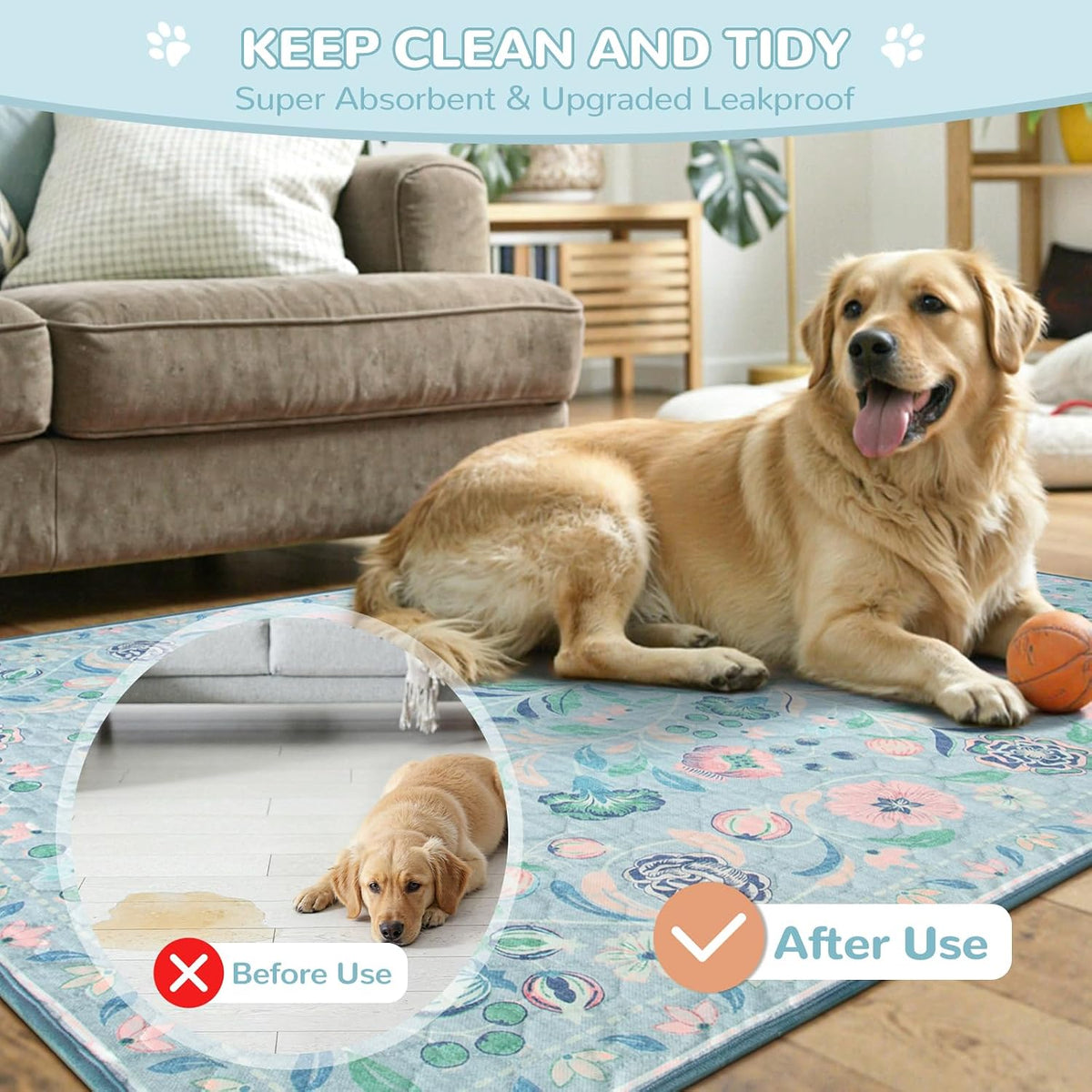 Lahome Botanical Washable Reusable Pee Pads for Dogs, 36x48 - Blue-01 / 3FT x 3FT (Pack of 2) - image 3