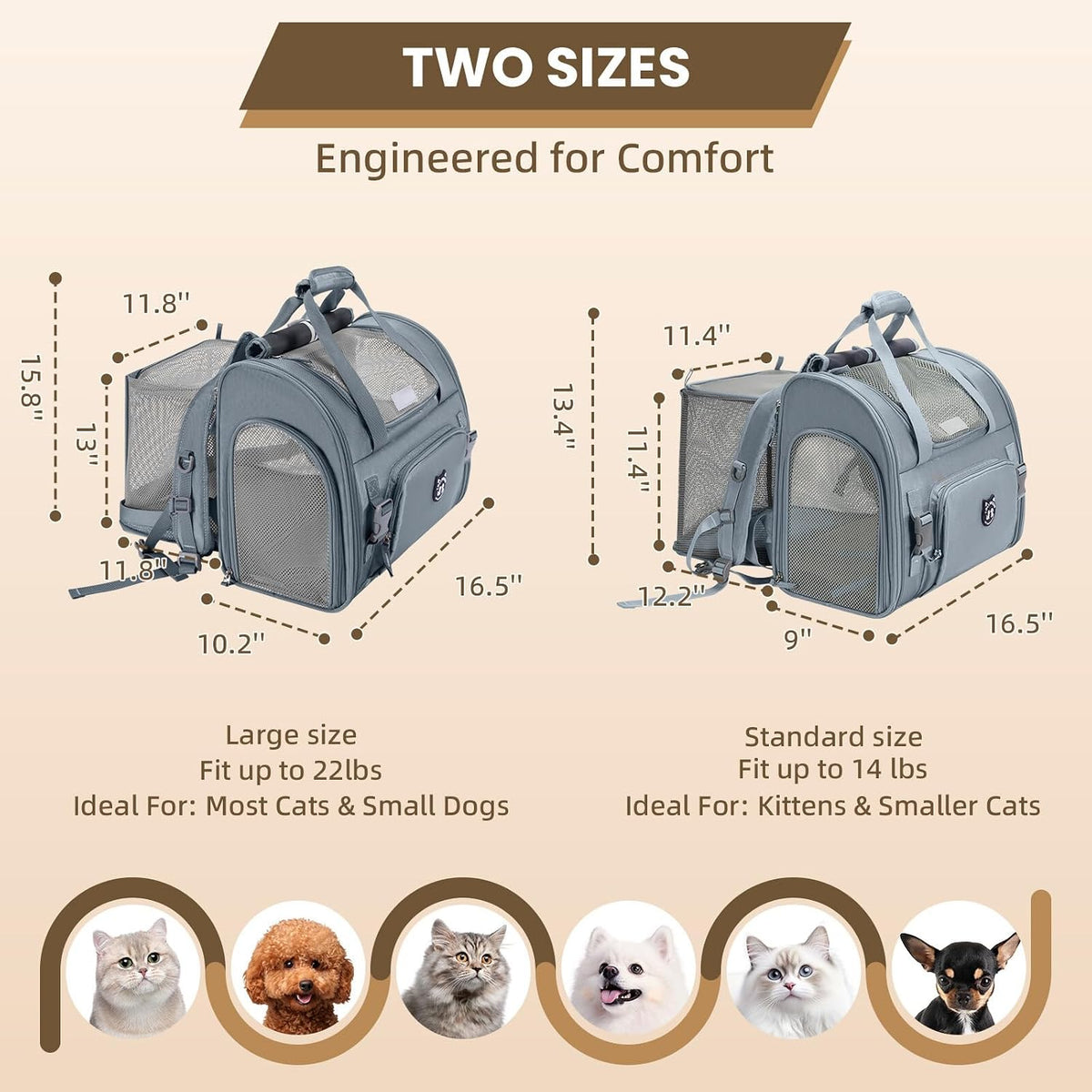 Expandable Large Cat Carrier Backpack, Supports up to – Essentials for Dogs - 16.5"L x 10.2"W x 15.8"H / Light Grey - image 2