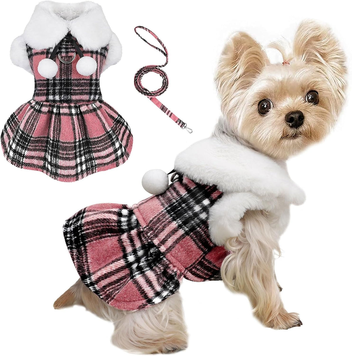Dog Sweater with Leash Set D Ring Plaid Fleece Dog Clothes for Small - XX-Small (Chest 11in ) / Pink with Leash