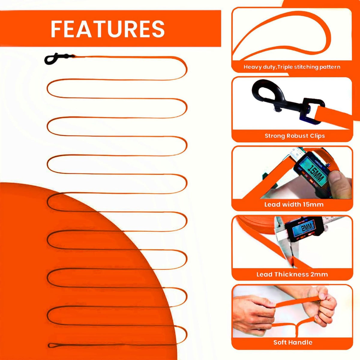 Waterproof Long Line Dog Training Leash, PVC-Coated - Orange / 16ft - image 3