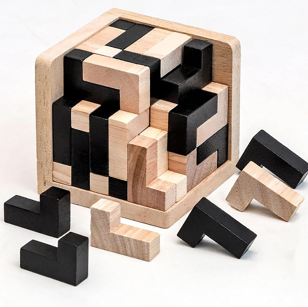 Wooden Brain Teaser Puzzles Cube Stocking Stuffers Wooden Puzzles - L Shape Black and Natural - image 4
