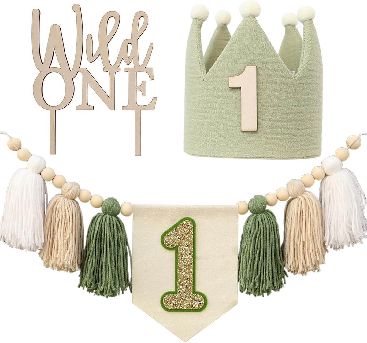 DCJHFJ First Birthday Decorations for Boy Highchair Banner One - White Beige Green