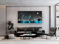 Jiuqinghua Wall Art Decor Canvas Print Picture 1 Panel Black White and Blue New York Brooklyn Bridge Cityscape Night Building Painting for Kitchen Office Home Decor Framed Ready to Hang 20x40inch