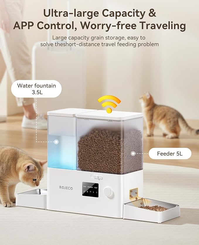 Rojeco 36Cups/8.5L WiFi Automatic Cat Feeder and Gravity Water Dispenser,Stainless Steel Bowls 2-in-1 Large Capacity 5L Food Dispenser with APP and 3.5L Water Fountain for Pets,Dogs,Puppies,Kittens