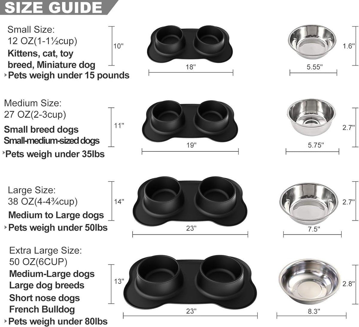 Dog Bowls Stainless Steel Bowls with No Spill Skid Resistant Silicone - Small/12oz each - image 3