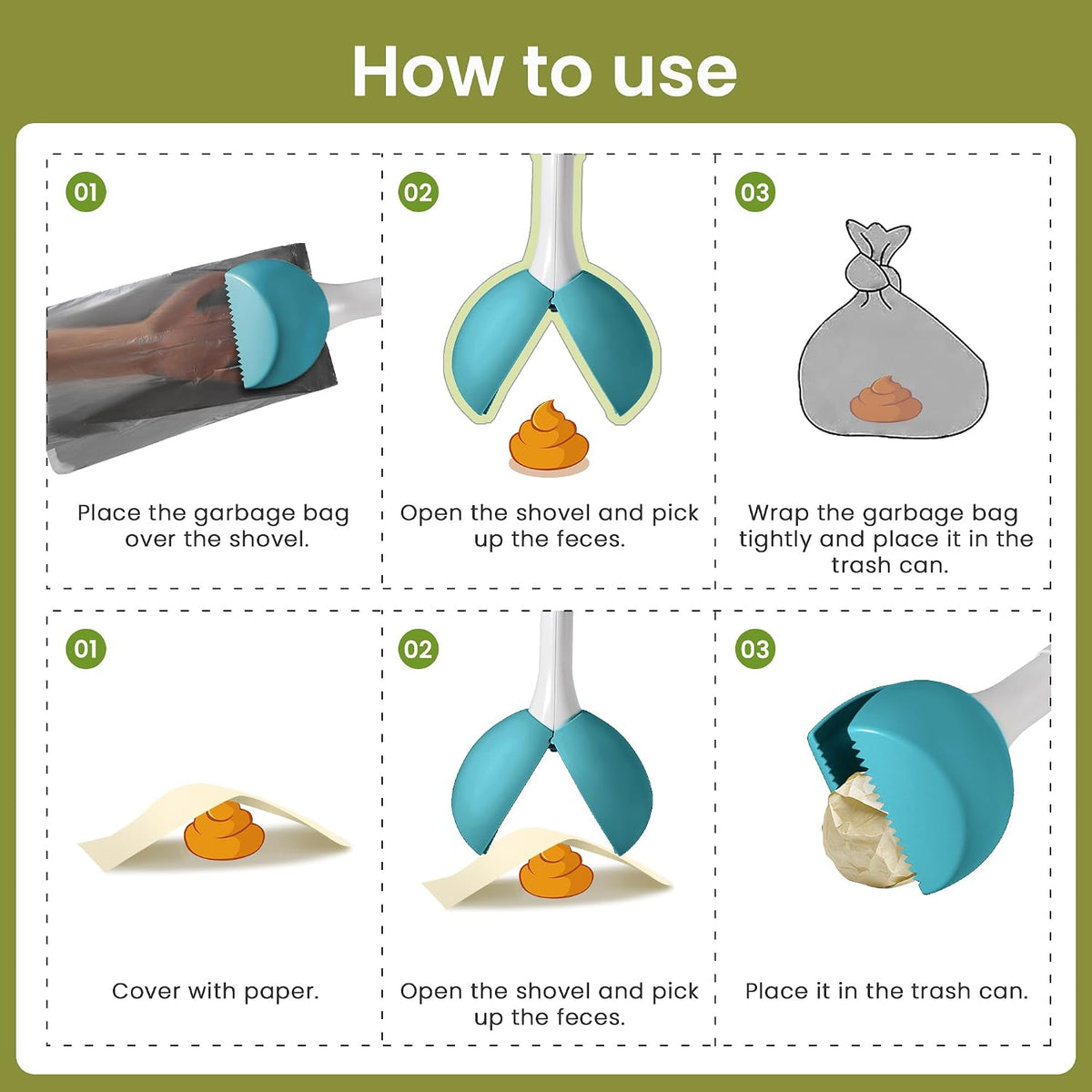 Dog Pooper Scooper Portable with Bag Attachment - 28in + Green + 120 garbage bags + dispenser - image 4