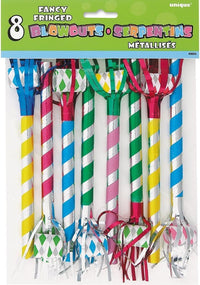 Unique multicolor metallic stripes party blowouts, 9.5 inch, pack of 8