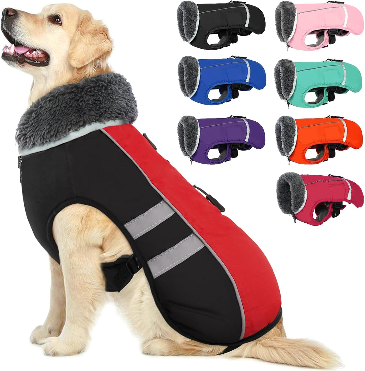 QBLEEV Warm Dog Coat, Reflective Dog Jacket - Red Black / XX-Large