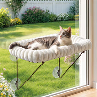 Zakkart Cat Window Perch, 100% Metal Supported from Below – Essentials for Cats - Cream White Striped Bed