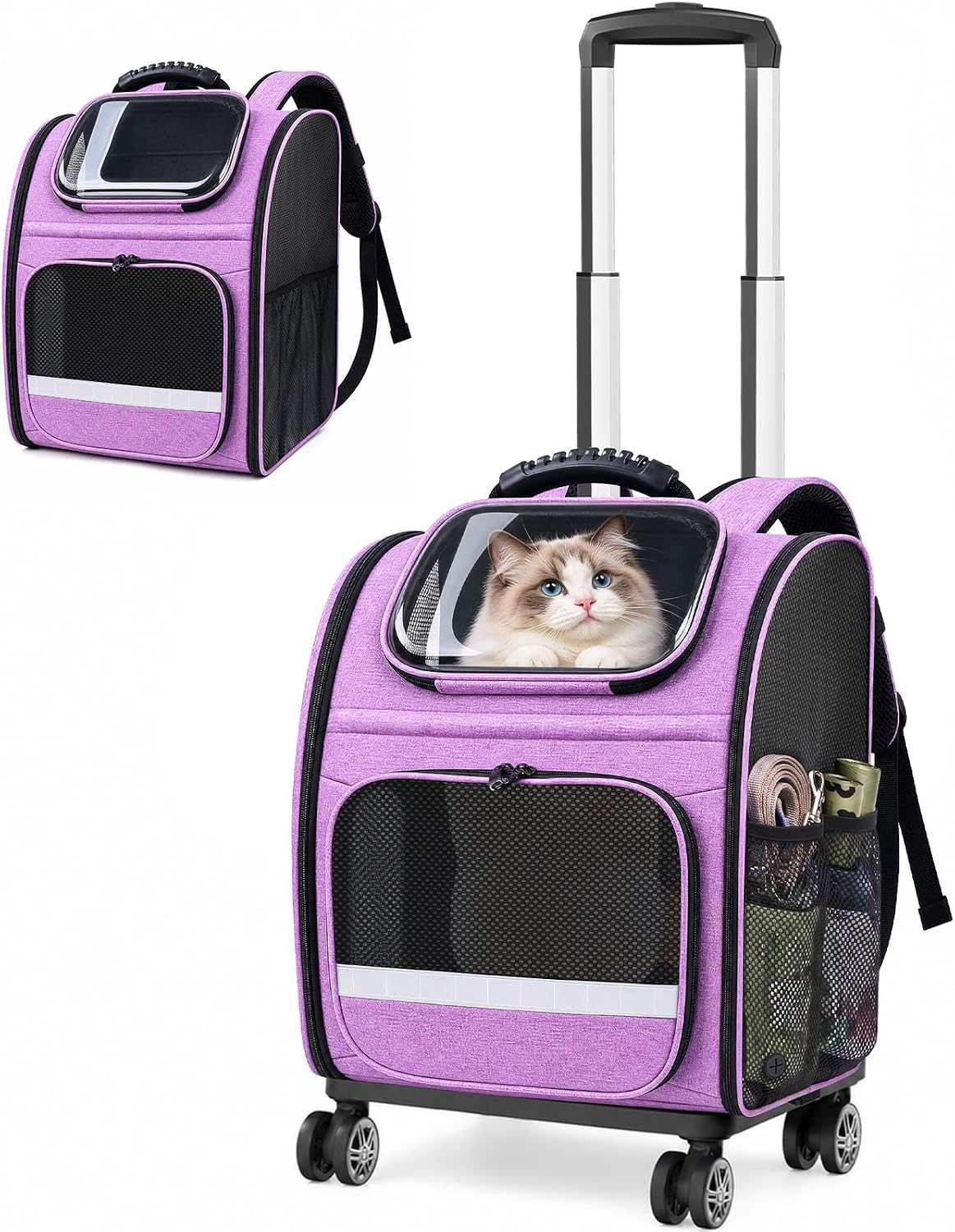 Pawtners Rolling Cat Carrier Backpack with Wheels for Cats Small Dogs - Purple
