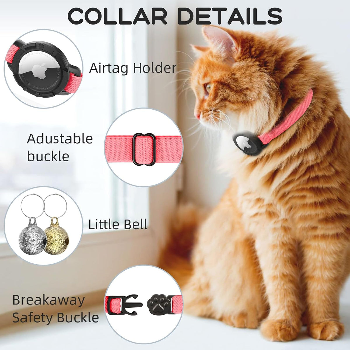 AirTag Cat Collars, Stretchy Collar with Air Tag Holder and Bell – Essentials for Cats - Hot Pink - image 3