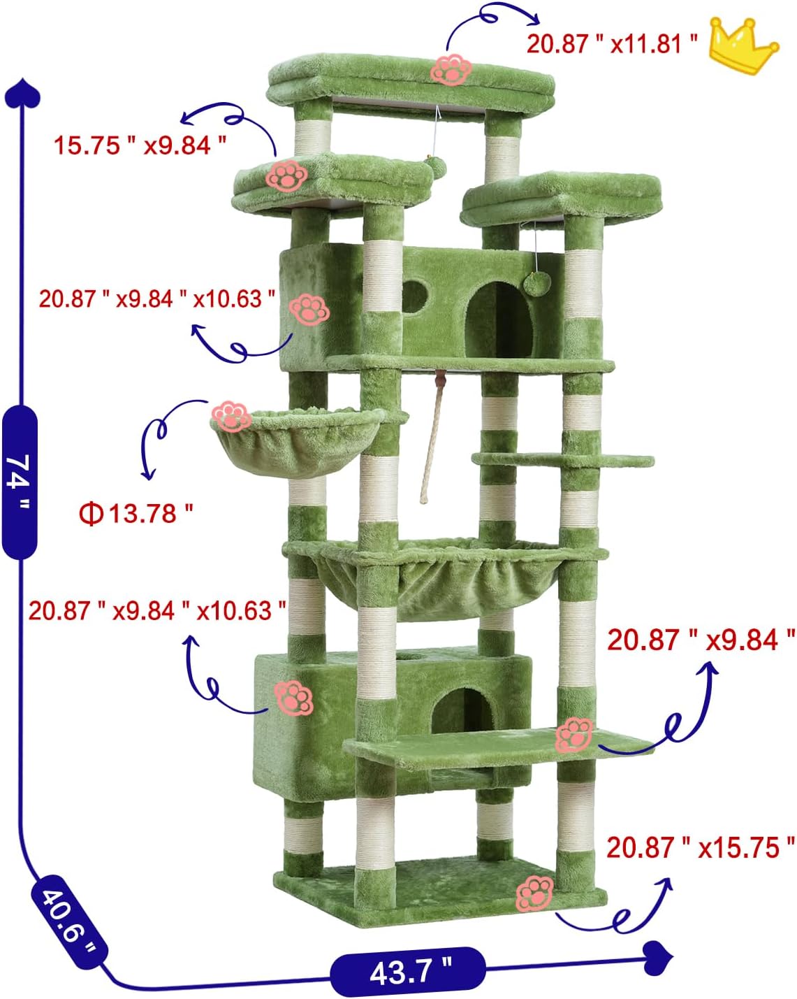 Cat Tree, 74" Tower for Large Cats, Big Condo & Hammock GCT030G – Essentials for Cats - 74 inch / Green - image 3