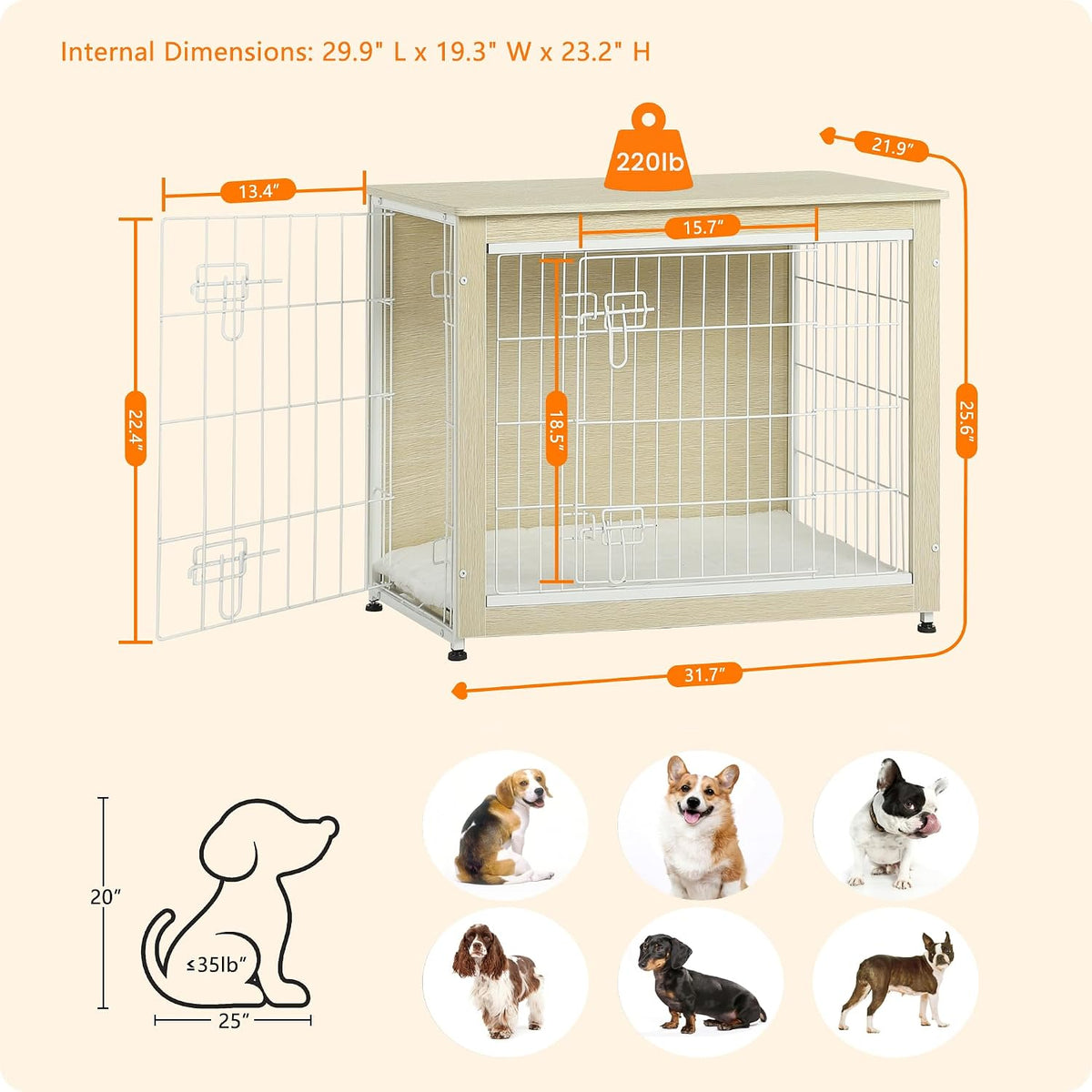27" Dog Crate Furniture, Dog Kennel Indoor - White Oak / 32.5"L x 21.9"W x 25.6"H - image 3
