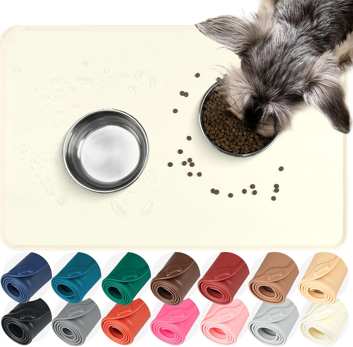 VIVAGLORY Pet Food Mat Flexmat Dog Bowl Mat, S - Ivory / S (18.9 x 11.8in)