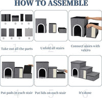 Dog Stairs for High Bed and Couch, 4 IN 1 Foldable Pet Stairs for Cats & Small and Medium Dogs, Adjustable Dog Steps with Pet Climbing Ladders/Cozy Condo/Storage Boxes/Cat Scratcher, Hold Up to 180LBS