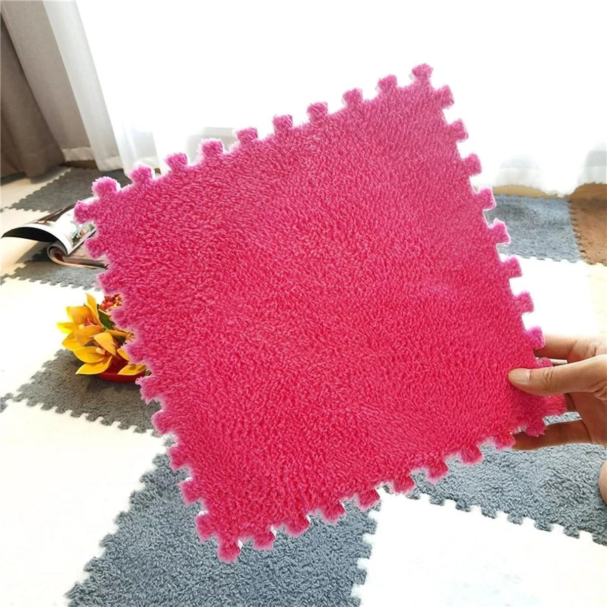 Typutomi 12 piece plush puzzle foam floor mat in rose red and pink interlocking tiles - view 17