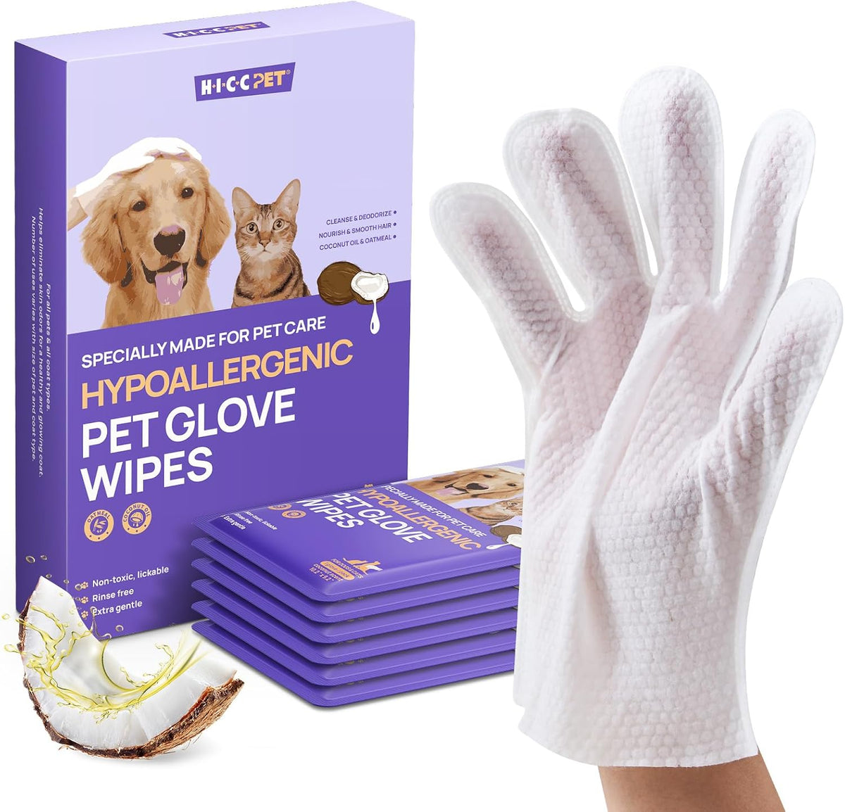 HICC PET Dog Wipes for Dogs & Cats, Glove Design - Coconut Scent / 6 PCS
