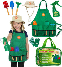 Born Toys kids gardener costume with apron, hat, gloves, shovels, rake and spray bottle