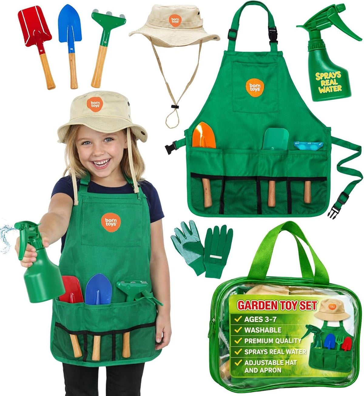 Born Toys kids gardener costume with apron, hat, gloves, shovels, rake and spray bottle